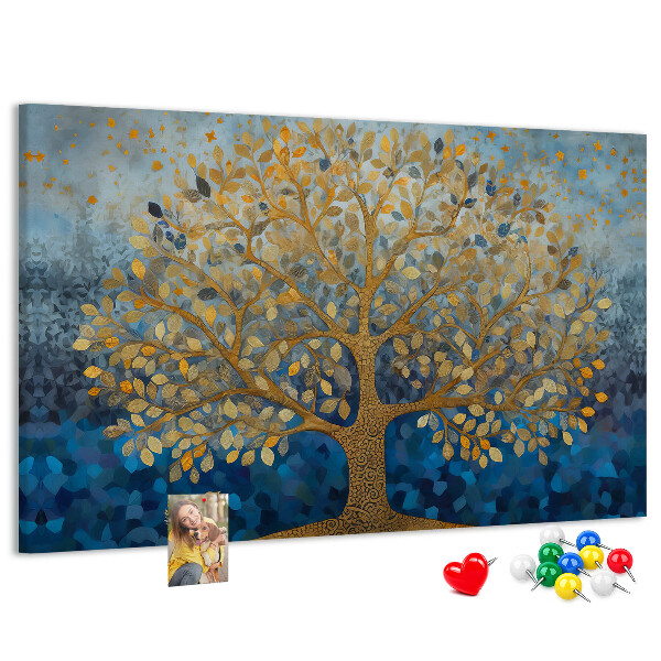 Tableau de liège Feuille d'or sur fond d'arbre bleu