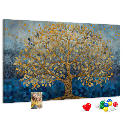 Tableau de liège Feuille d'or sur fond d'arbre bleu