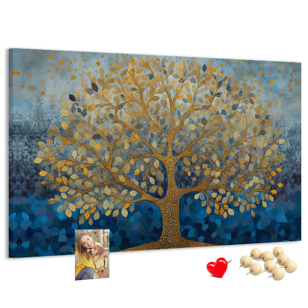 Tableau de liège Feuille d'or sur fond d'arbre bleu