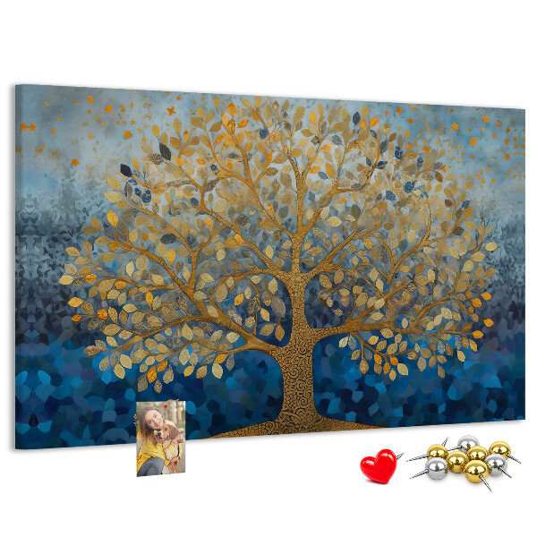 Tableau de liège Feuille d'or sur fond d'arbre bleu