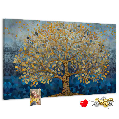 Tableau de liège Feuille d'or sur fond d'arbre bleu
