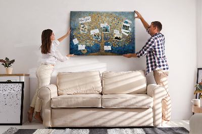 Tableau de liège Feuille d'or sur fond d'arbre bleu