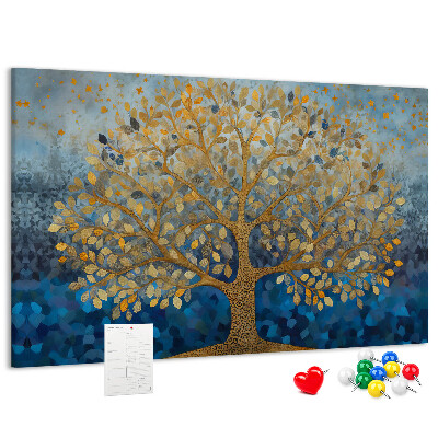 Tableau de liège Feuille d'or sur fond d'arbre bleu
