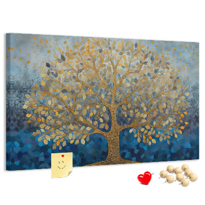 Tableau de liège Feuille d'or sur fond d'arbre bleu