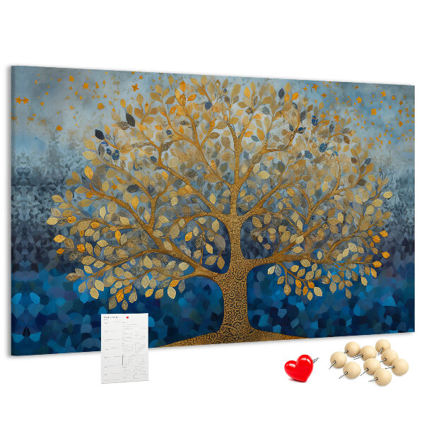 Tableau de liège Feuille d'or sur fond d'arbre bleu