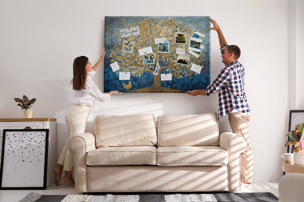 Tableau de liège Feuille d'or sur fond d'arbre bleu