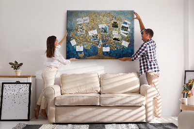 Tableau de liège Feuille d'or sur fond d'arbre bleu