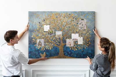 Tableau de liège Feuille d'or sur fond d'arbre bleu