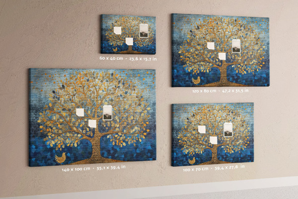 Tableau de liège Feuille d'or sur fond d'arbre bleu