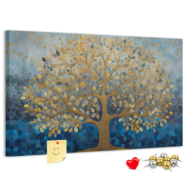 Tableau de liège Feuille d'or sur fond d'arbre bleu