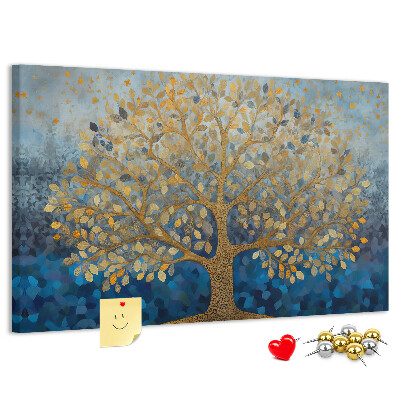 Tableau de liège Feuille d'or sur fond d'arbre bleu