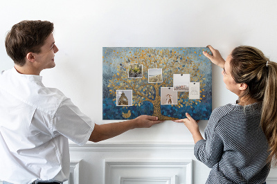 Tableau de liège Feuille d'or sur fond d'arbre bleu