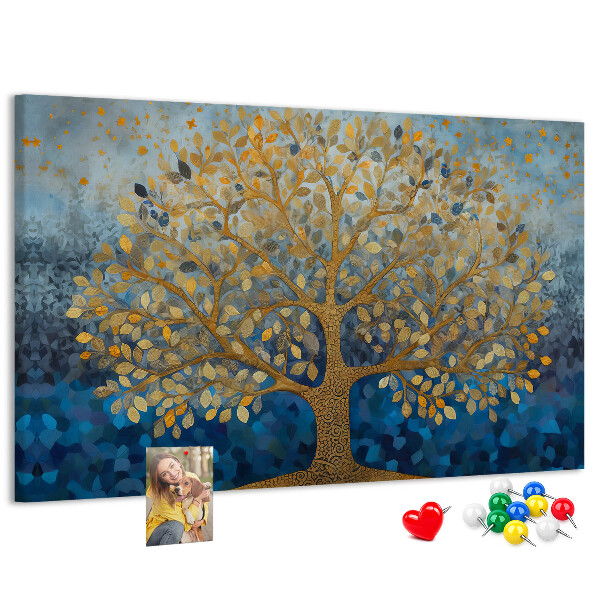 Tableau de liège Feuille d'or sur fond d'arbre bleu