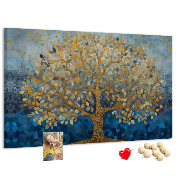 Tableau de liège Feuille d'or sur fond d'arbre bleu