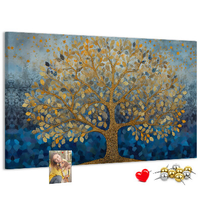 Tableau de liège Feuille d'or sur fond d'arbre bleu