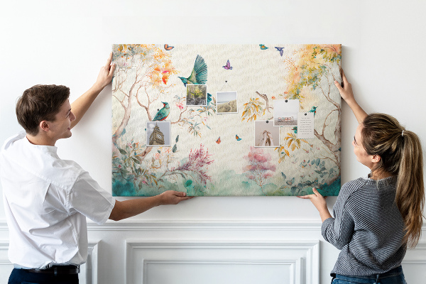 Tableau en liège Des oiseaux colorés dans un paysage printanier.
