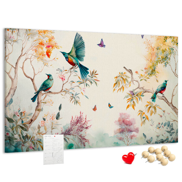Tableau en liège Des oiseaux colorés dans un paysage printanier.