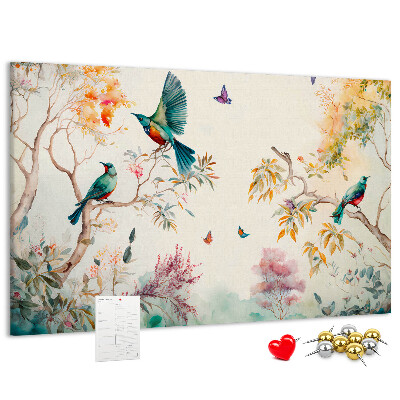 Tableau en liège Des oiseaux colorés dans un paysage printanier.