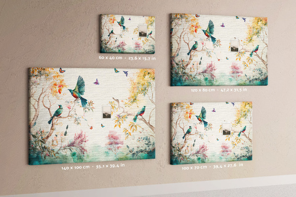 Tableau en liège Des oiseaux colorés dans un paysage printanier.