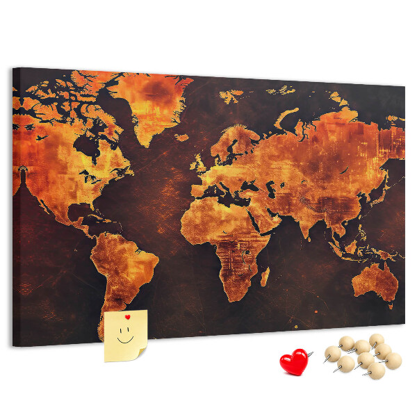 Tableau de liège Une carte du monde dorée sur fond brun
