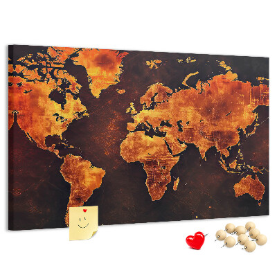 Tableau de liège Une carte du monde dorée sur fond brun