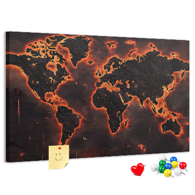 Tableau en liège Une carte du monde en flammes dans des tons sombres