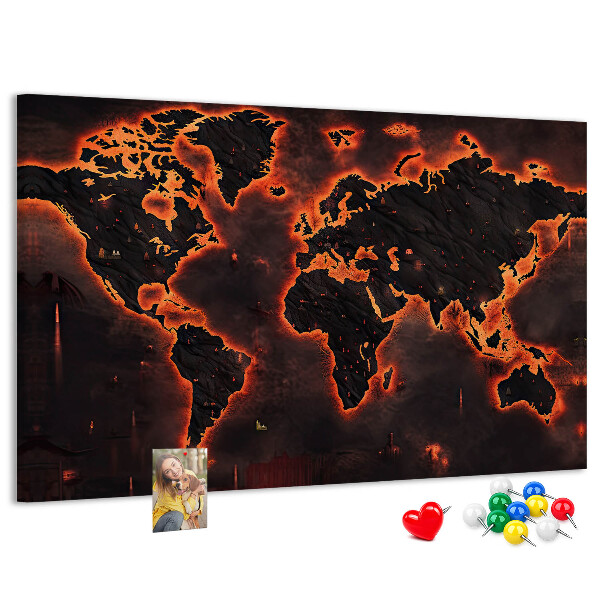 Tableau en liège Une carte du monde en flammes dans des tons sombres