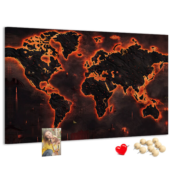 Tableau en liège Une carte du monde en flammes dans des tons sombres