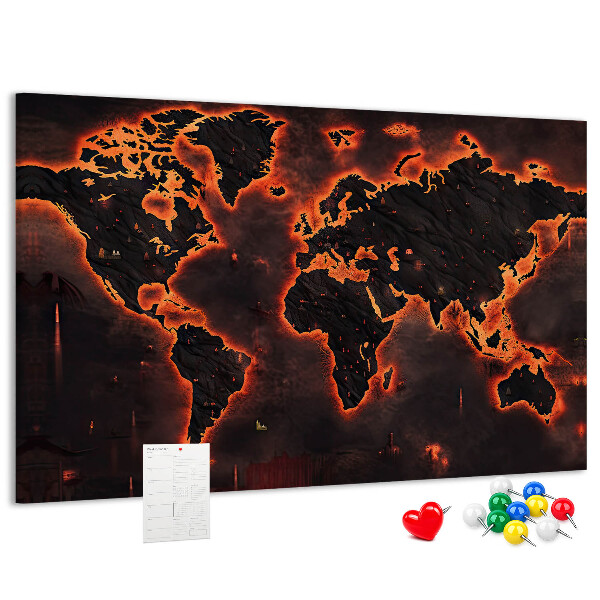Tableau en liège Une carte du monde en flammes dans des tons sombres