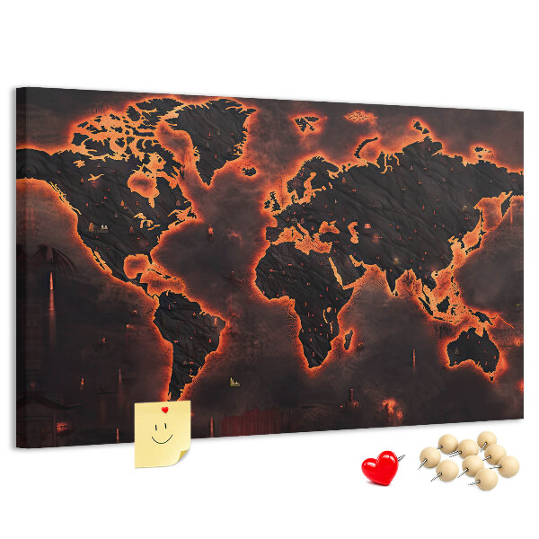 Tableau en liège Une carte du monde en flammes dans des tons sombres