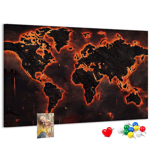 Tableau en liège Une carte du monde en flammes dans des tons sombres