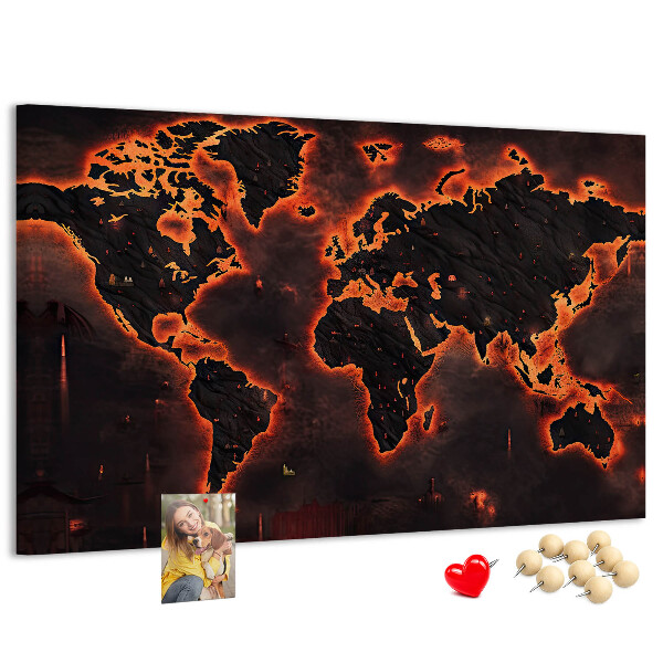 Tableau en liège Une carte du monde en flammes dans des tons sombres
