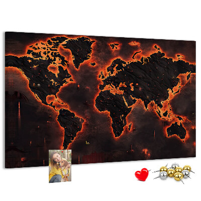 Tableau en liège Une carte du monde en flammes dans des tons sombres