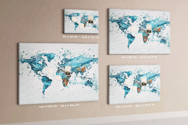 Tableau affichage liège Carte du monde à l'aquarelle.