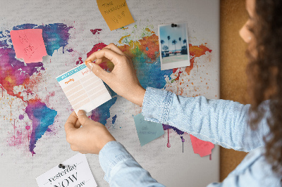 Tableau de liège carte du monde colorée à l'aquarelle