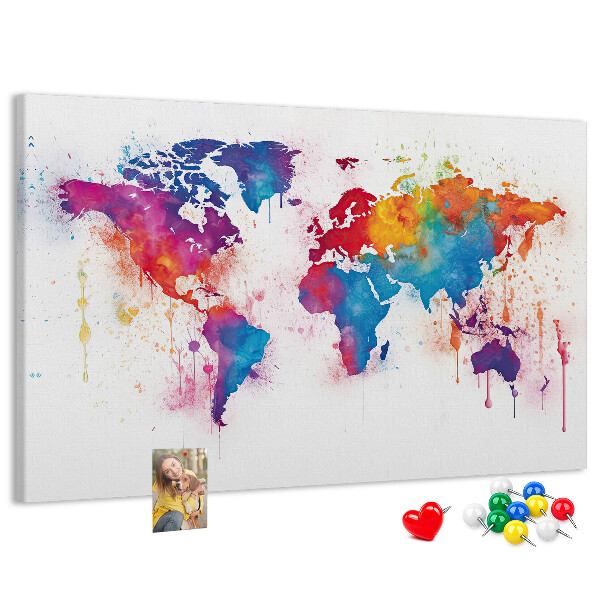 Tableau de liège carte du monde colorée à l'aquarelle