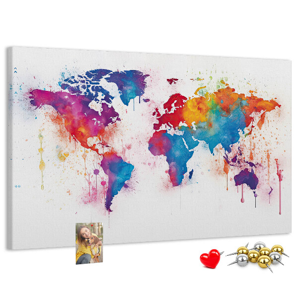 Tableau de liège carte du monde colorée à l'aquarelle