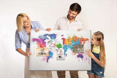 Tableau de liège carte du monde colorée à l'aquarelle