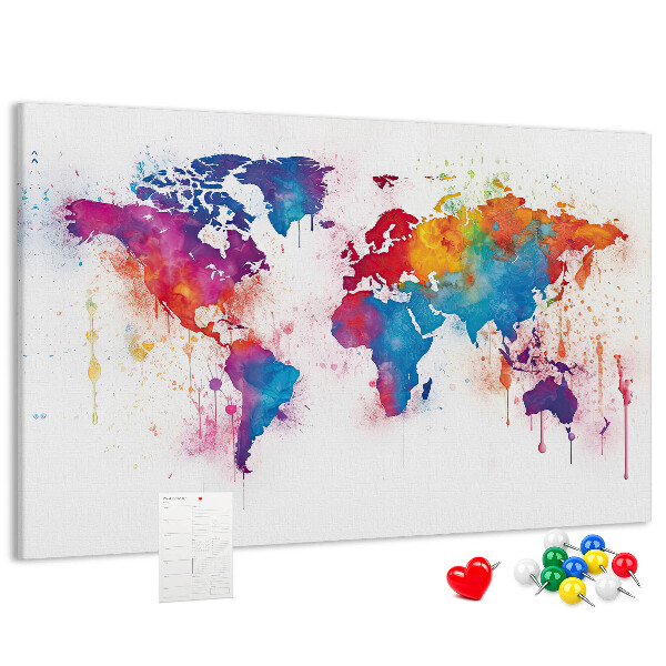 Tableau de liège carte du monde colorée à l'aquarelle