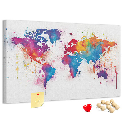 Tableau de liège carte du monde colorée à l'aquarelle