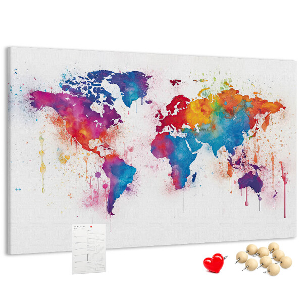 Tableau de liège carte du monde colorée à l'aquarelle