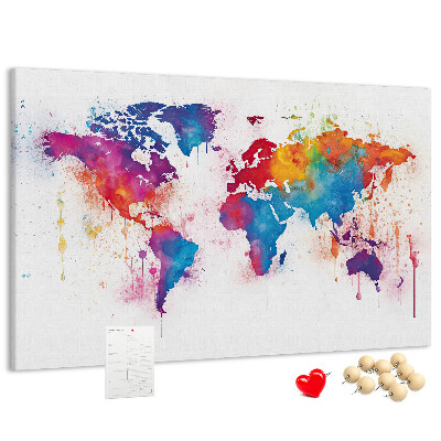 Tableau de liège carte du monde colorée à l'aquarelle