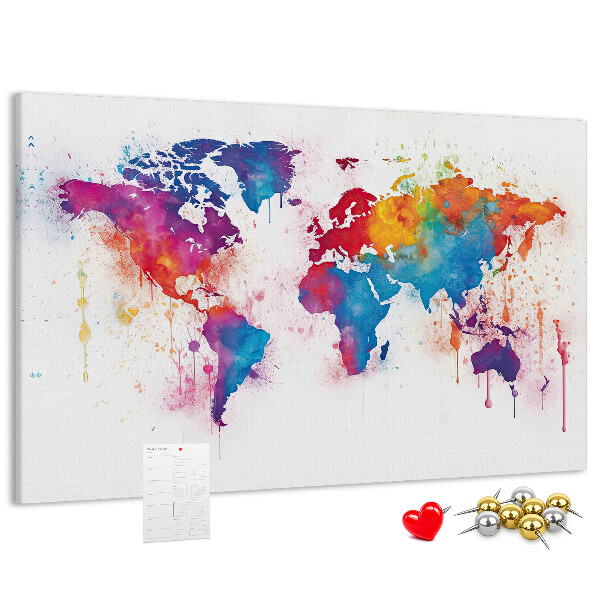 Tableau de liège carte du monde colorée à l'aquarelle