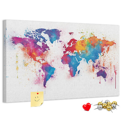 Tableau de liège carte du monde colorée à l'aquarelle