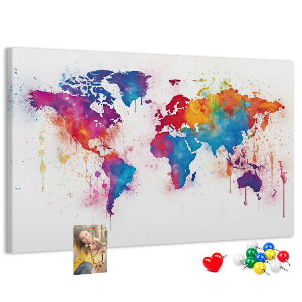Tableau de liège carte du monde colorée à l'aquarelle