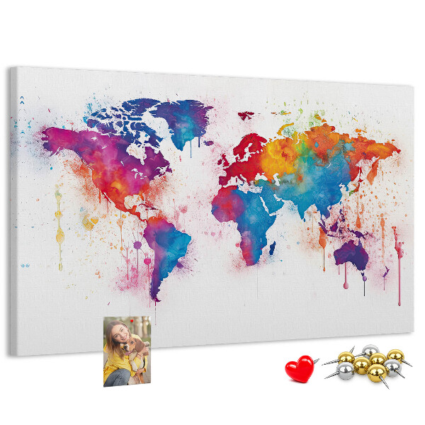 Tableau de liège carte du monde colorée à l'aquarelle