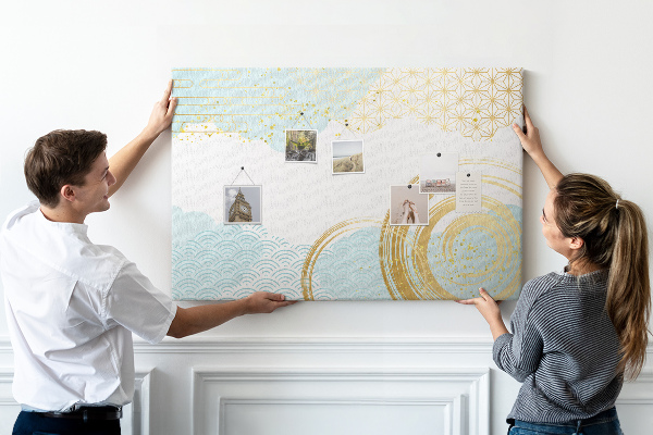 Tableau en liège Spirales dorées sur fond bleu