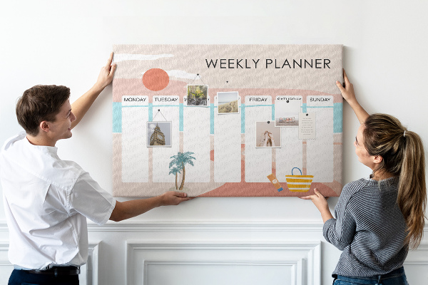 Tableau en liège Agenda hebdomadaire sur le thème de la plage estivale