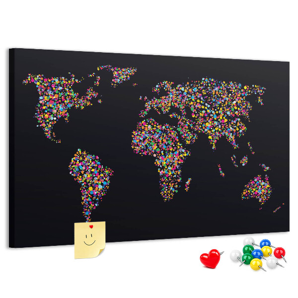 Tableau affichage liège Carte du monde colorée avec des cœurs