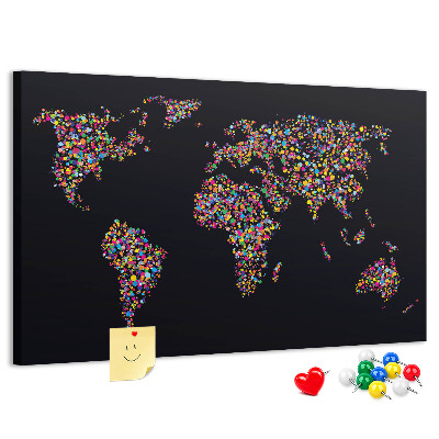 Tableau affichage liège Carte du monde colorée avec des cœurs